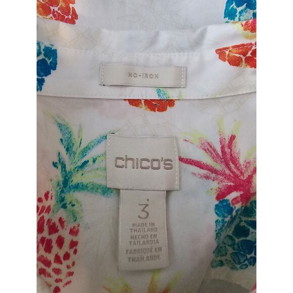 Chico's Button Up Roll Sleeves Up or Down White Pineapple Novelty Blouse 3 - L - Picture 4 of 6